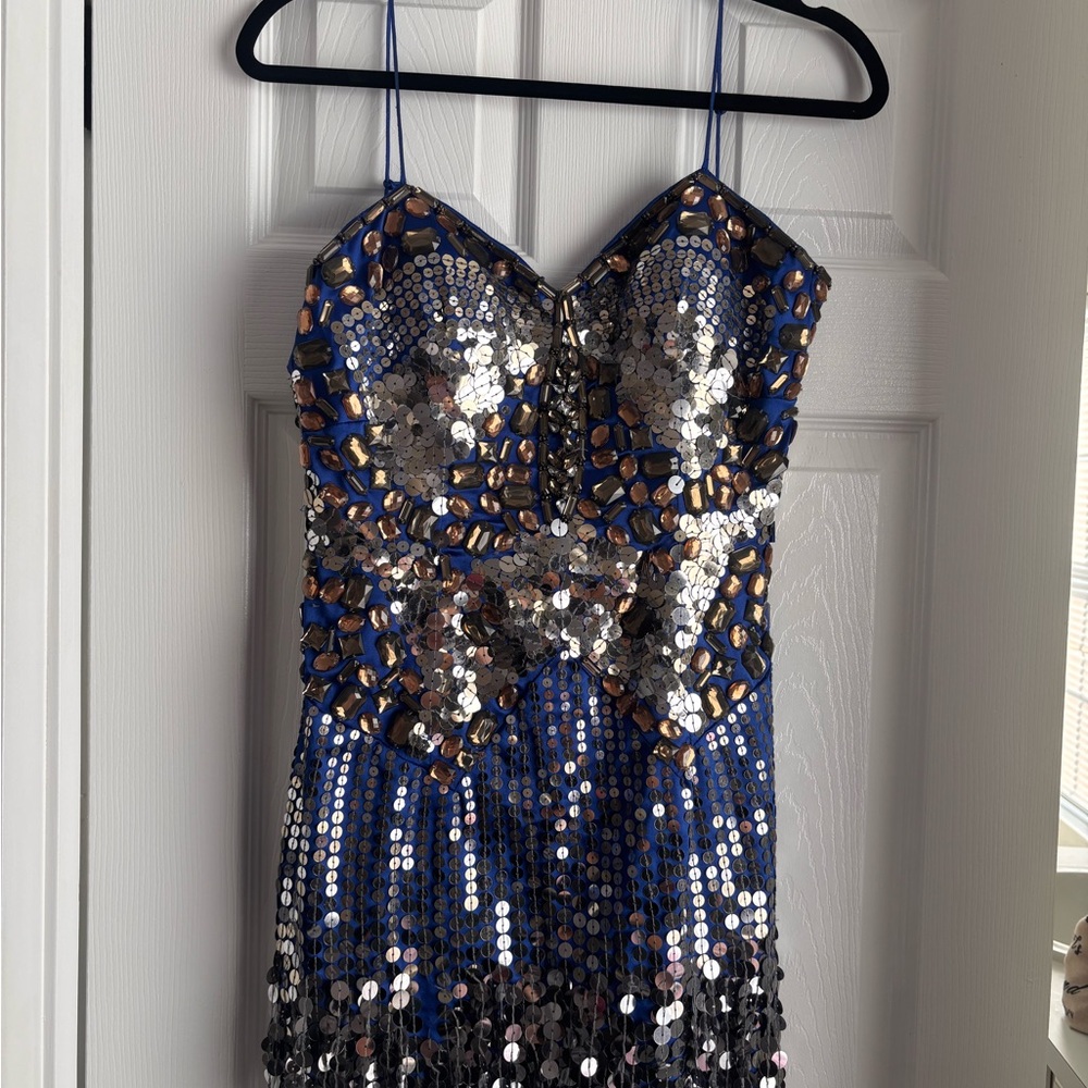 Jovani Royal Blue Sequin Spaghetti Strap Prom Dress with Gold Accents
